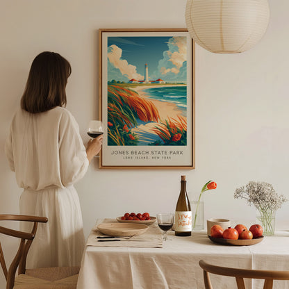 Jones Beach State Park Matte Border Poster | Long Island, New York Coastal Beach Decor — styled in a modern interior