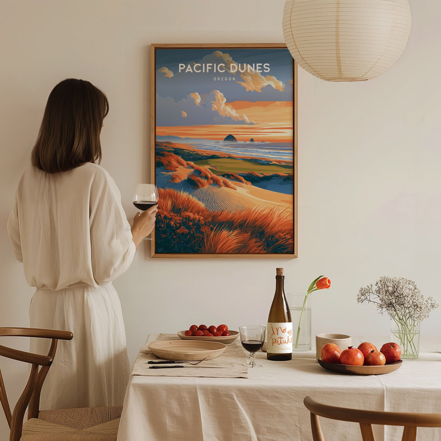 Pacific Dunes, Oregon Poster | Windswept Coast Destination Print Wall Art — styled in a modern interior