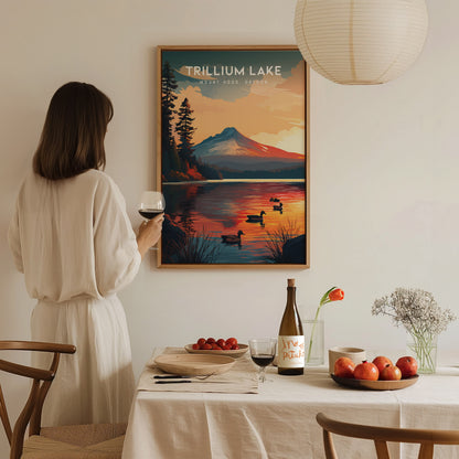 Trillium Lake, Mount Hood, Oregon Poster | Alpine Reflection Destination Print Wall Art — styled in a modern interior