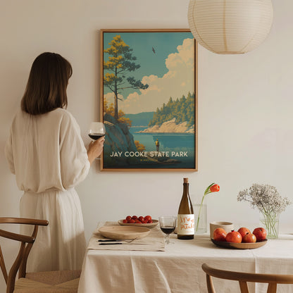 A woman in a white dress holds a wine glass, looking at a Jay Cooke State Park poster. A dining table with fruit, a wine bottle, and flowers is in.
