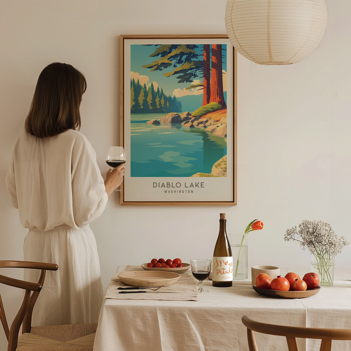 Diablo Lake Matte Border Poster | Washington Travel Wall Art — styled in a modern interior