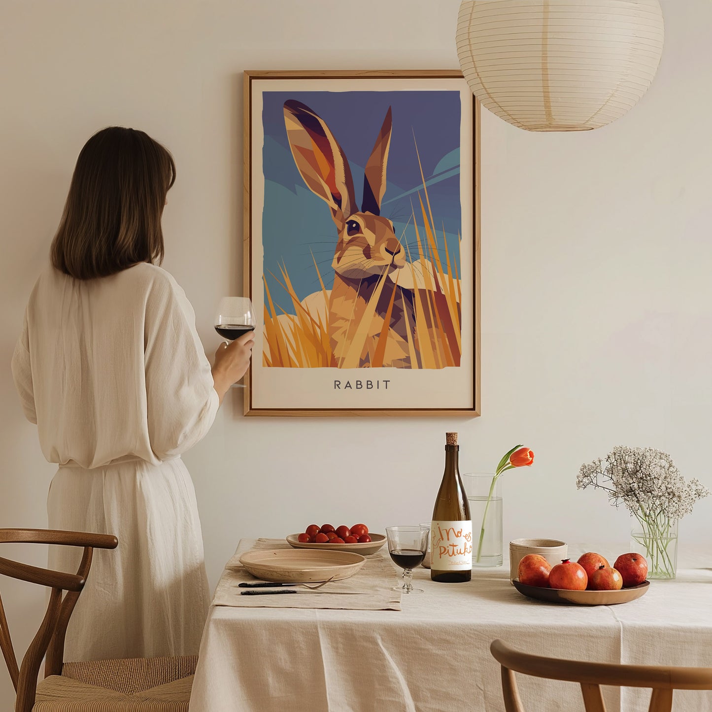 Rabbit, Wildlife Poster | Meadow Wildflower Countryside Wall Art — styled in a modern interior