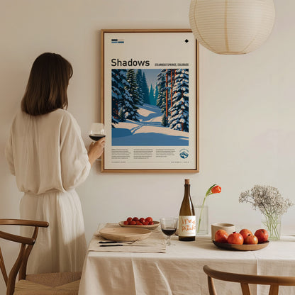 Shadows, Steamboat Poster | Snowy Ski Run Mountain Wall Art — styled in a modern interior