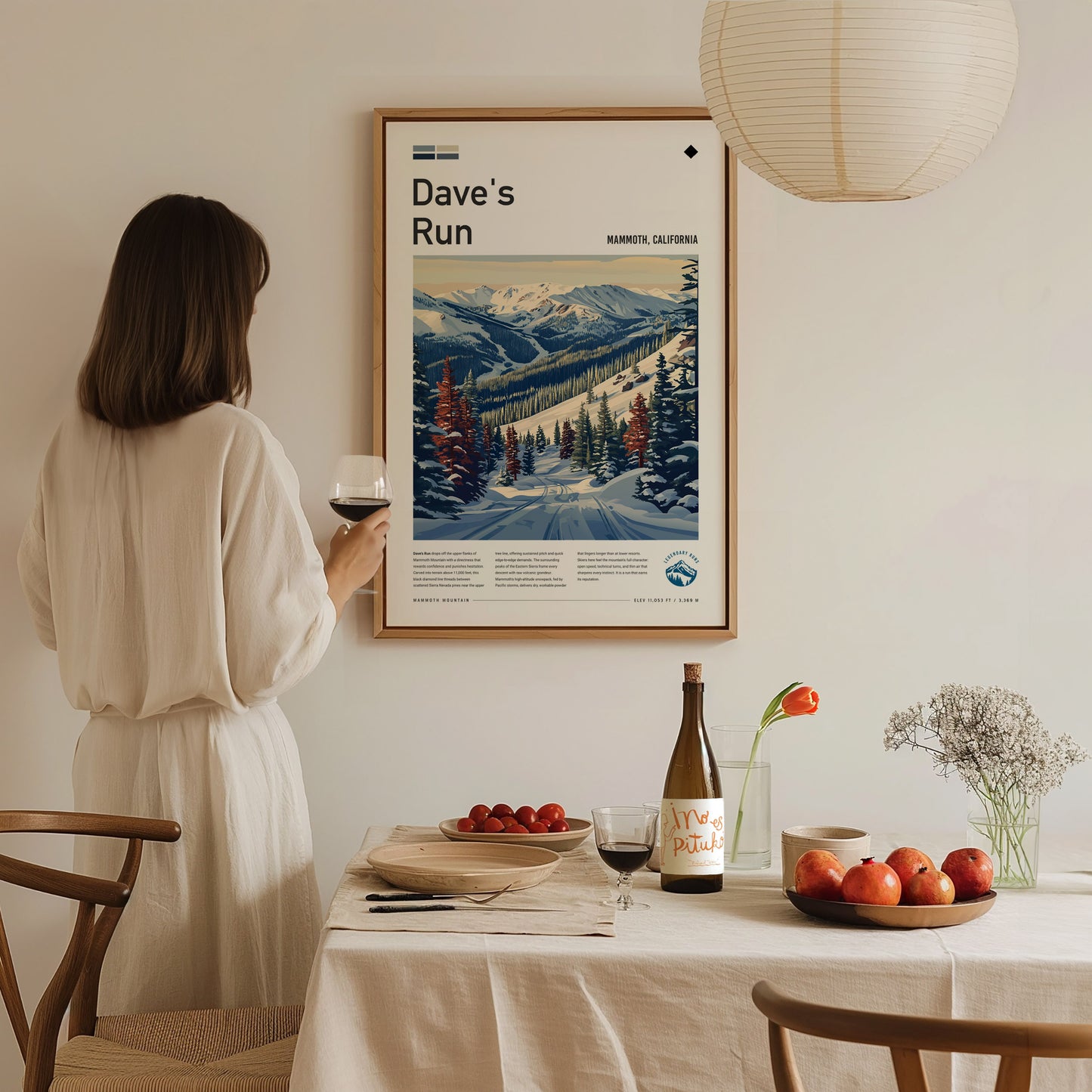 Dave's Run, Mammoth, California Poster | Ski Lodge Decor Mountain Wall Art — styled in a modern interior