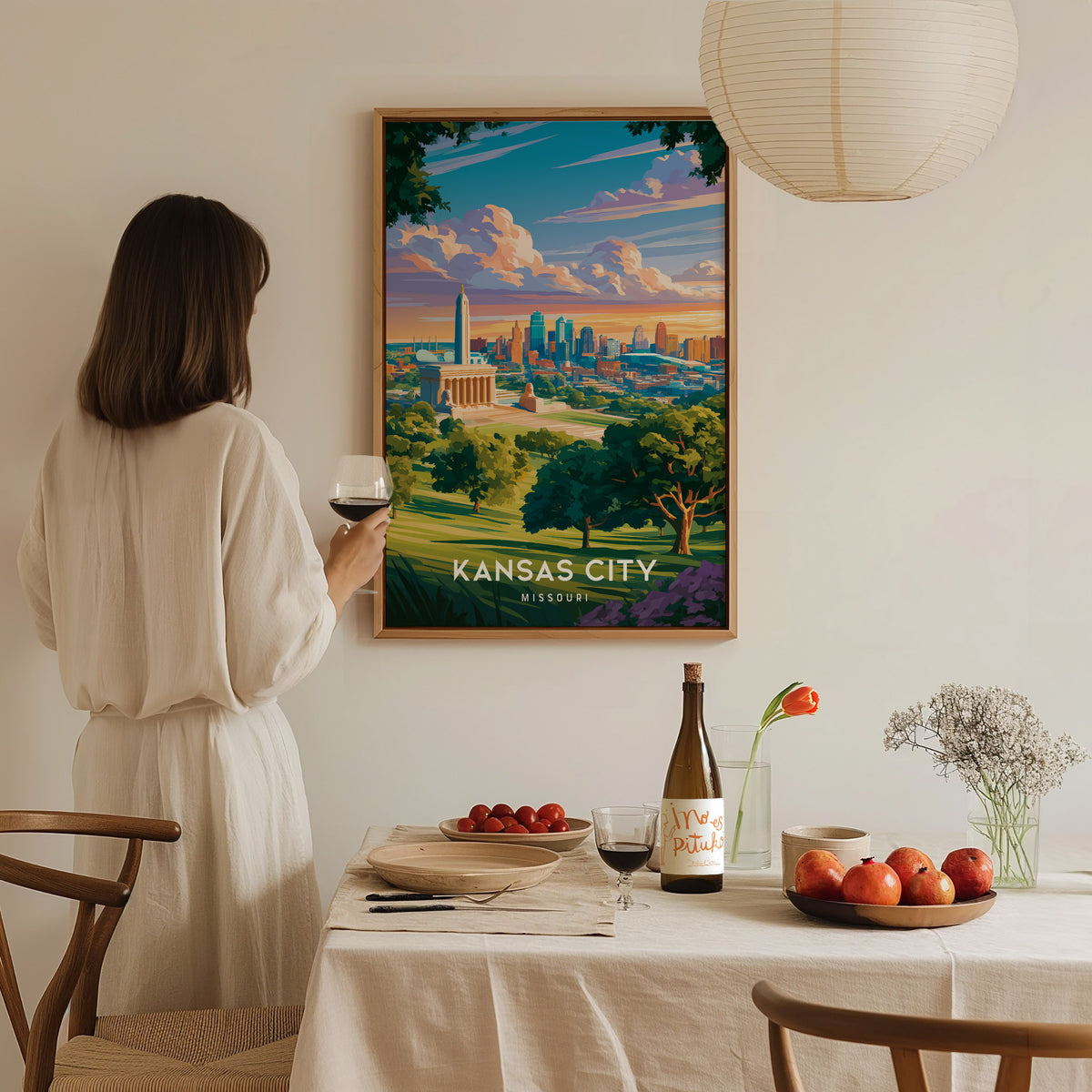 Kansas City, Missouri Poster | BBQ Jazz & Fountains Destination Print Wall Art — styled in a modern interior