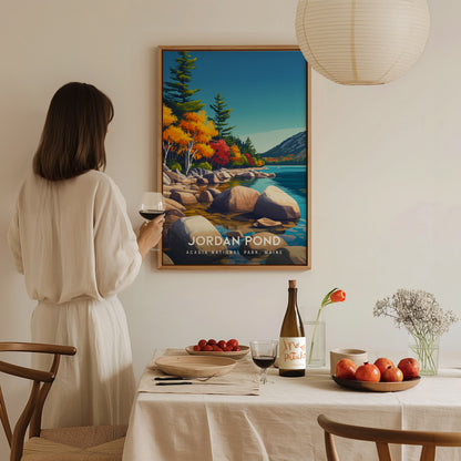 Jordan Pond, Acadia National Park, Maine Poster | Coastal Beach Decor Wall Art — styled in a modern interior
