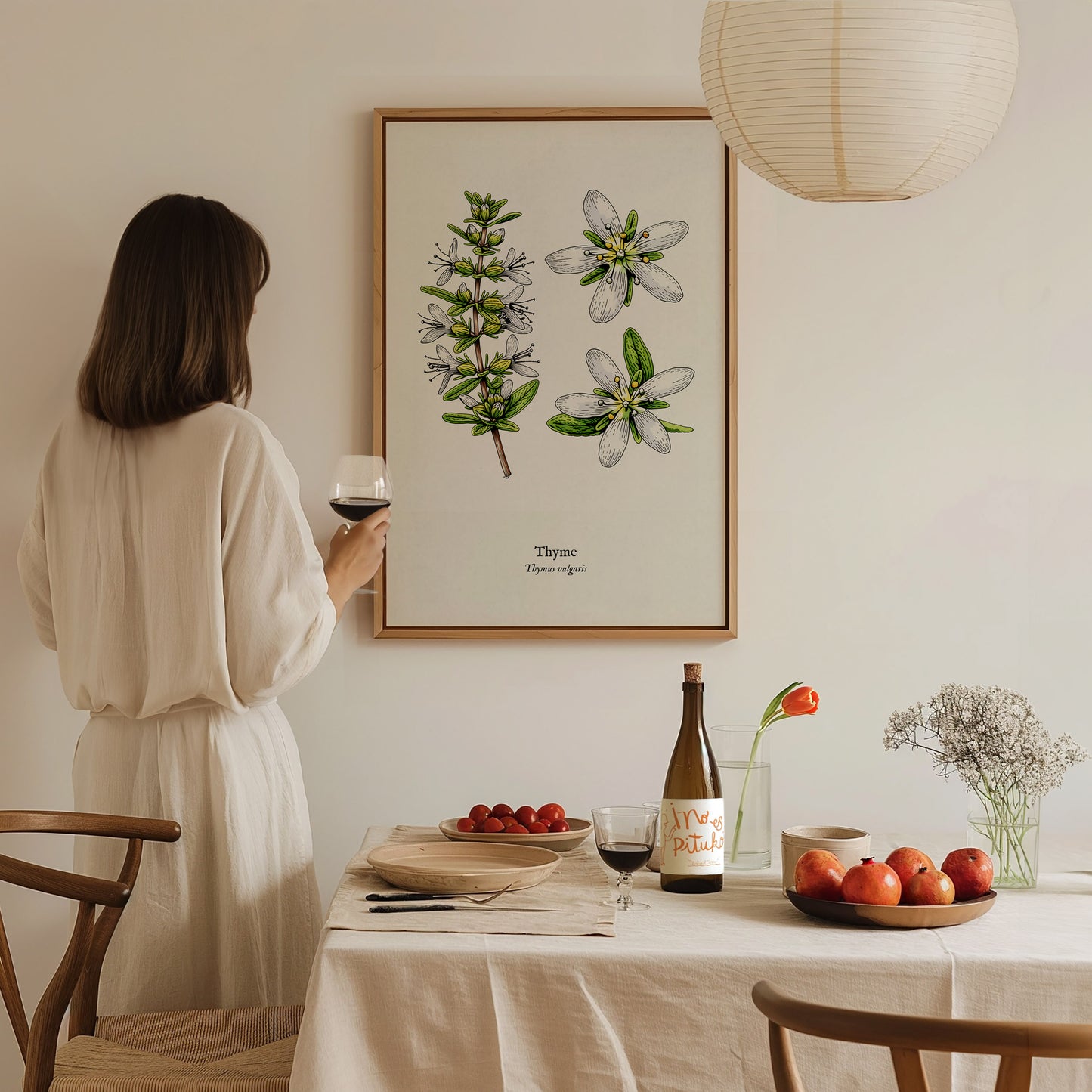 Thyme Poster | Vintage Thymus vulgaris Botanical Illustration Wall Art — styled in a modern interior
