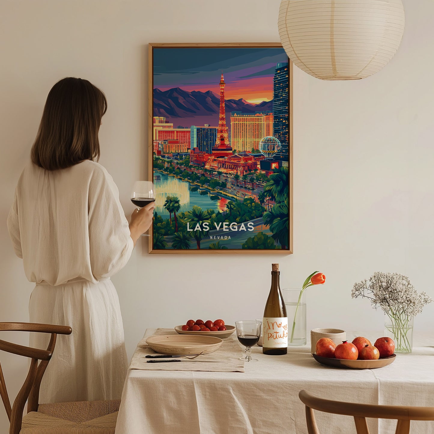 Las Vegas, Nevada Poster | Neon Lights & Desert Skyline Wall Art — styled in a modern interior