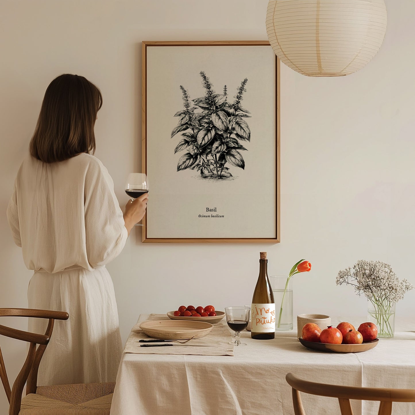Basil Poster | Ocimum basilicum Pen and Ink Print | Vintage Botanical Illustration Wall Art — styled in a modern interior
