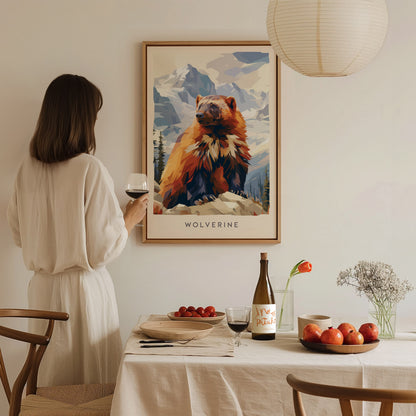 Wolverine, Gulo gulo Poster | Fierce Mountain Wildlife Wall Art — styled in a modern interior