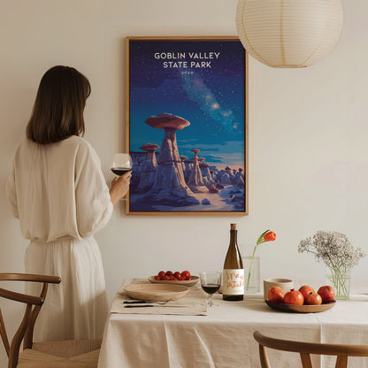 Goblin Valley State Park, Utah Poster | Desert Adventure Framed or Unframed Wall Art — styled in a modern interior