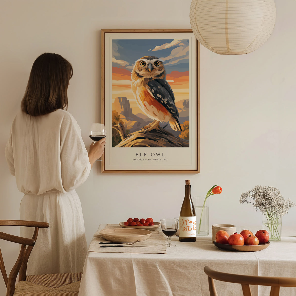 Elf Owl Poster | Desert Night Tiny Owl Wall Art — styled in a modern interior