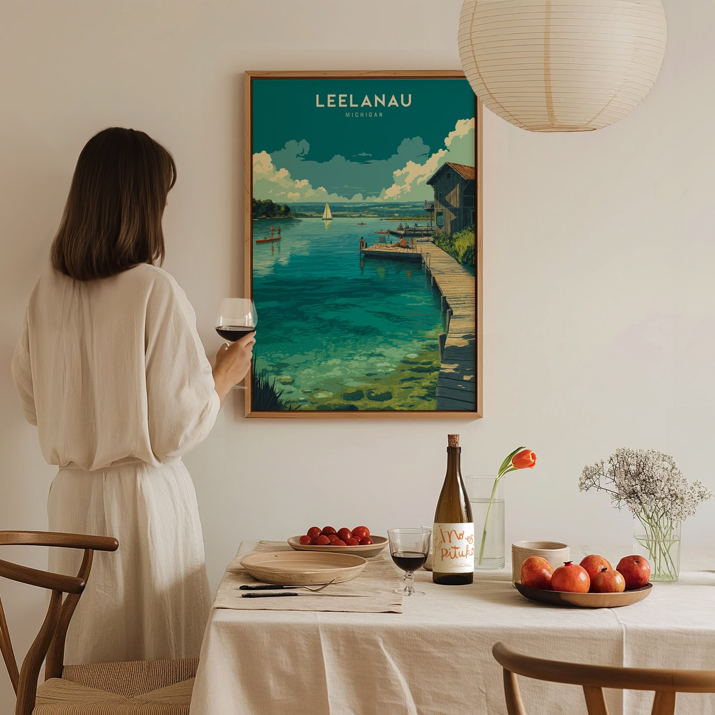 Leelanau Michigan Lake Poster | Rustic Dock Sailboat Wall Art