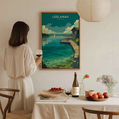 Leelanau Michigan Lake Poster | Rustic Dock Sailboat Wall Art