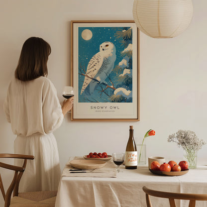 Snowy Owl Moon Framed Poster | Bird Lover Winter Nature Modern Wall Art | Bird Of Prey Audubon Print Decor