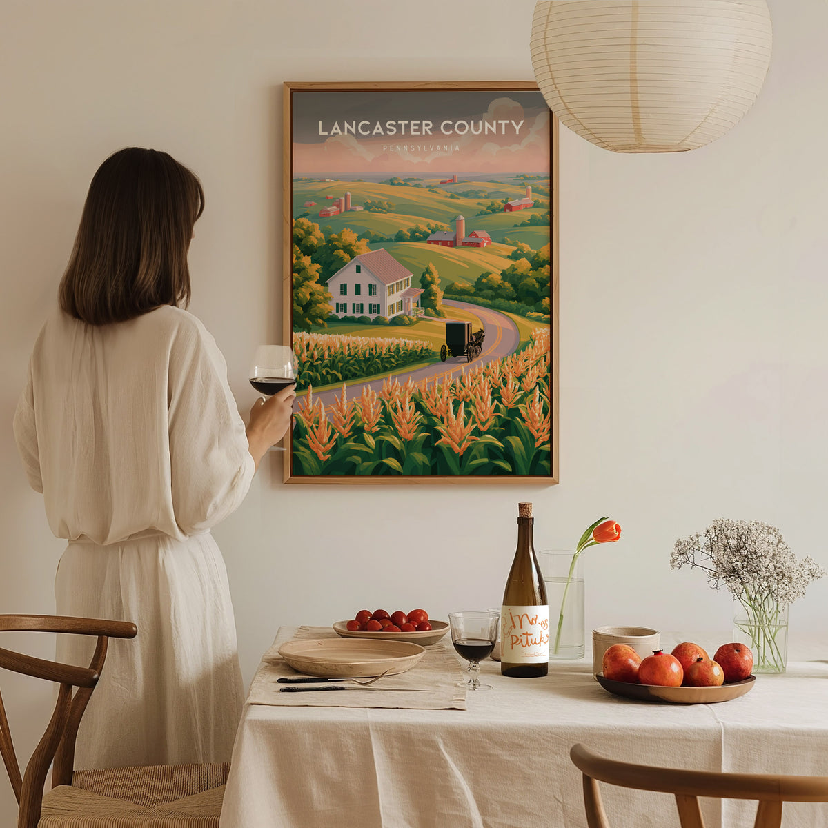 Lancaster County, Pennsylvania Poster | Rolling Farmland & Covered Bridge Wall Art — styled in a modern interior