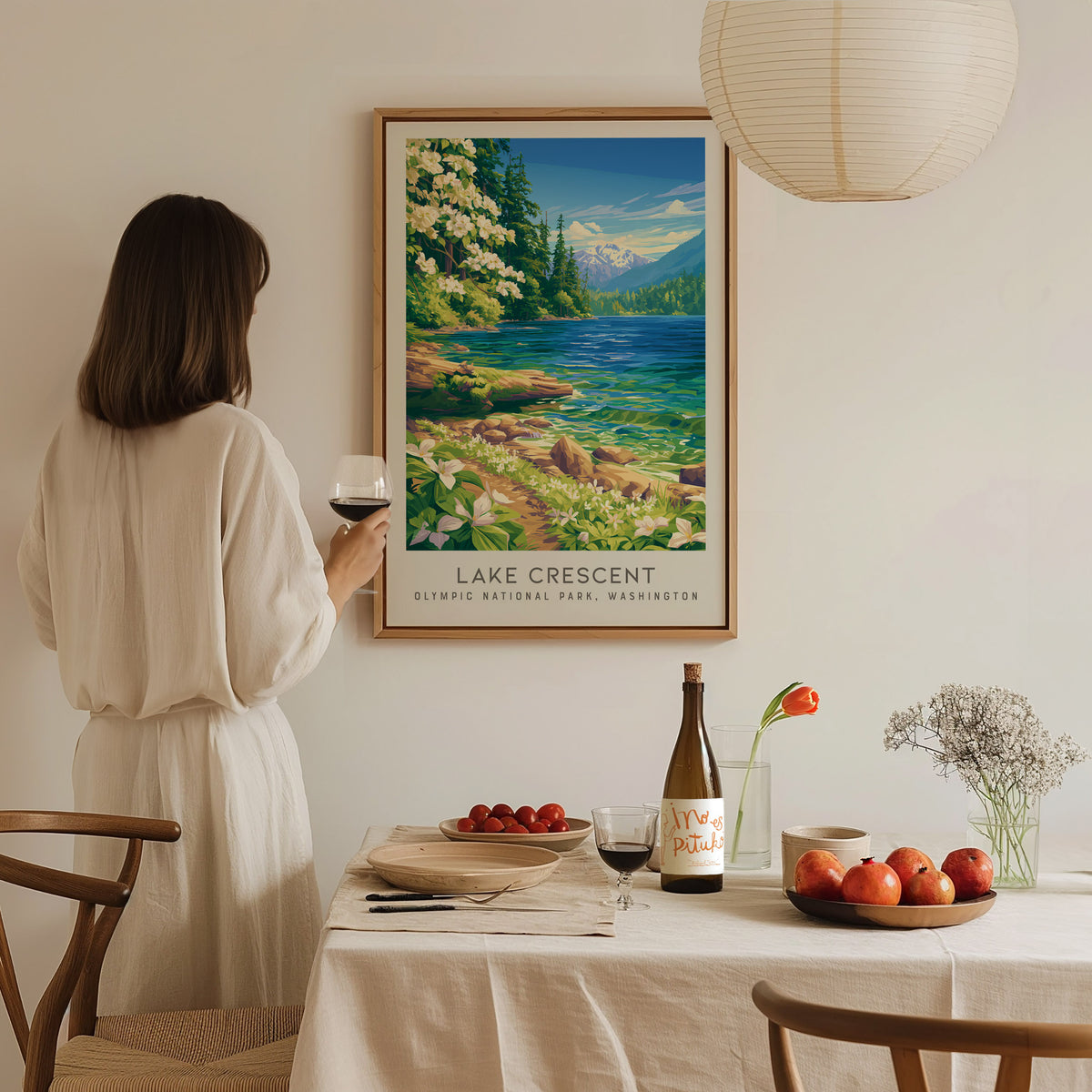 Lake Crescent Matte Border Poster | Olympic National Park, Washington Destination Print — styled in a modern interior
