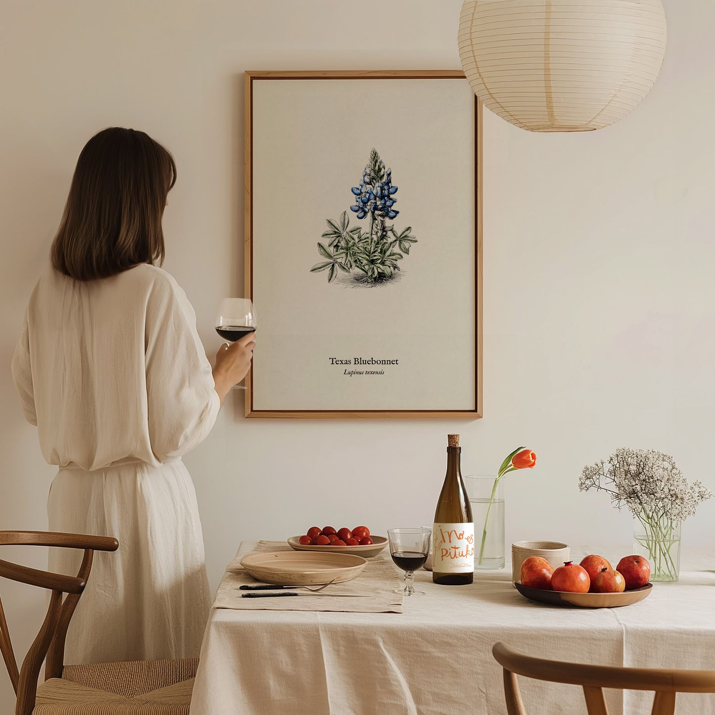 Texas Bluebonnet Poster | Vintage Lupinus texensis Botanical Illustration Wall Art — styled in a modern interior
