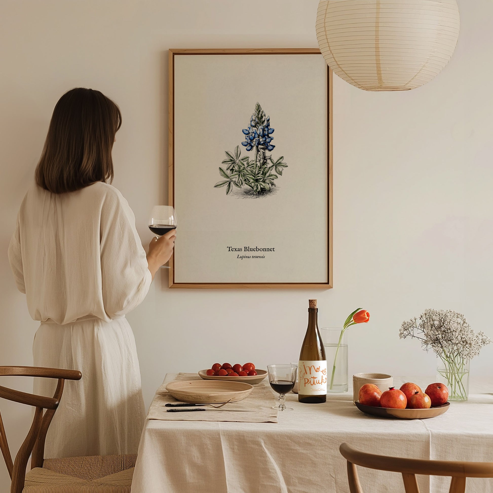 Texas Bluebonnet Poster | Vintage Lupinus texensis Botanical Illustration Wall Art — styled in a modern interior