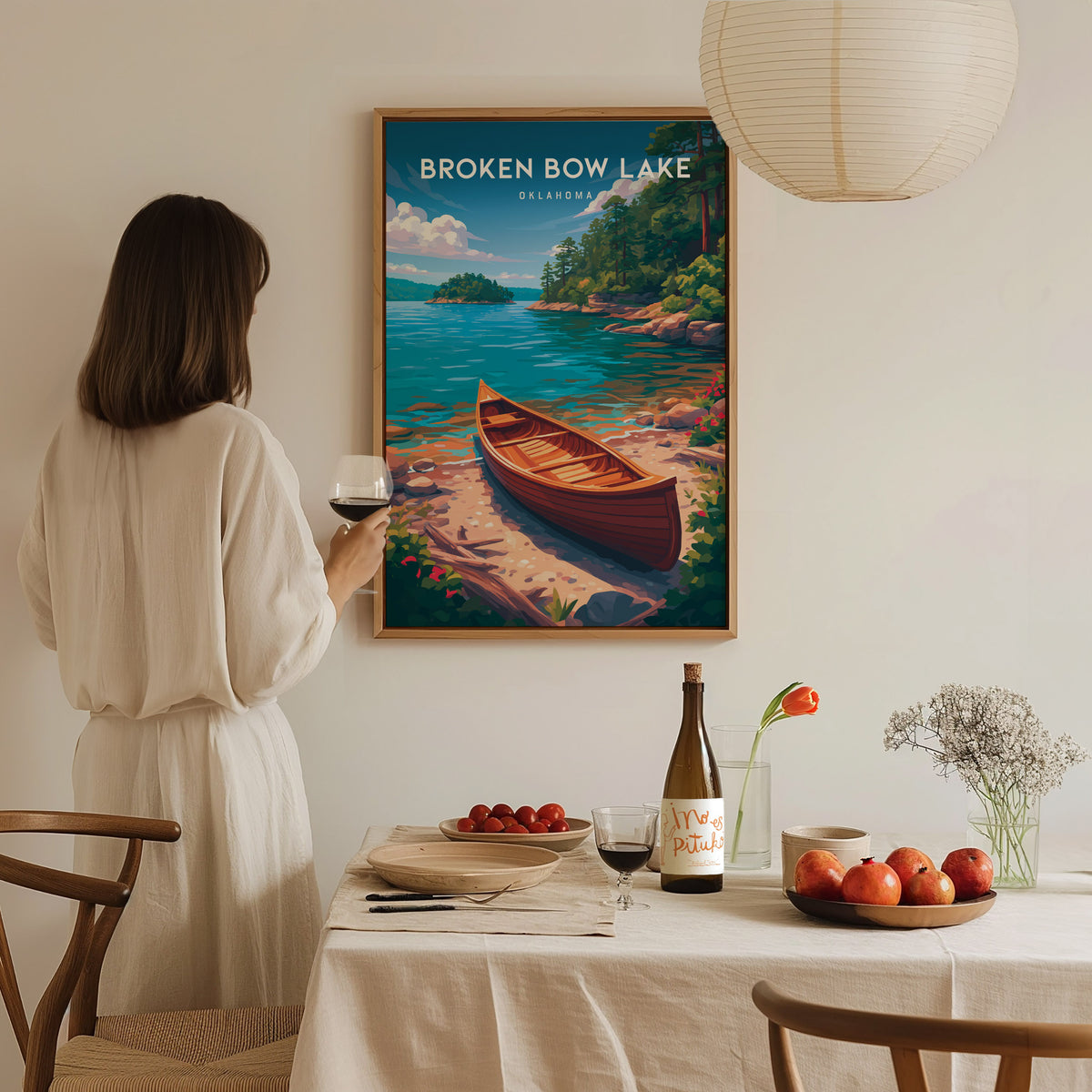 Broken Bow Lake, Oklahoma Poster | Pine Forest & Lake Retreat Wall Art — styled in a modern interior