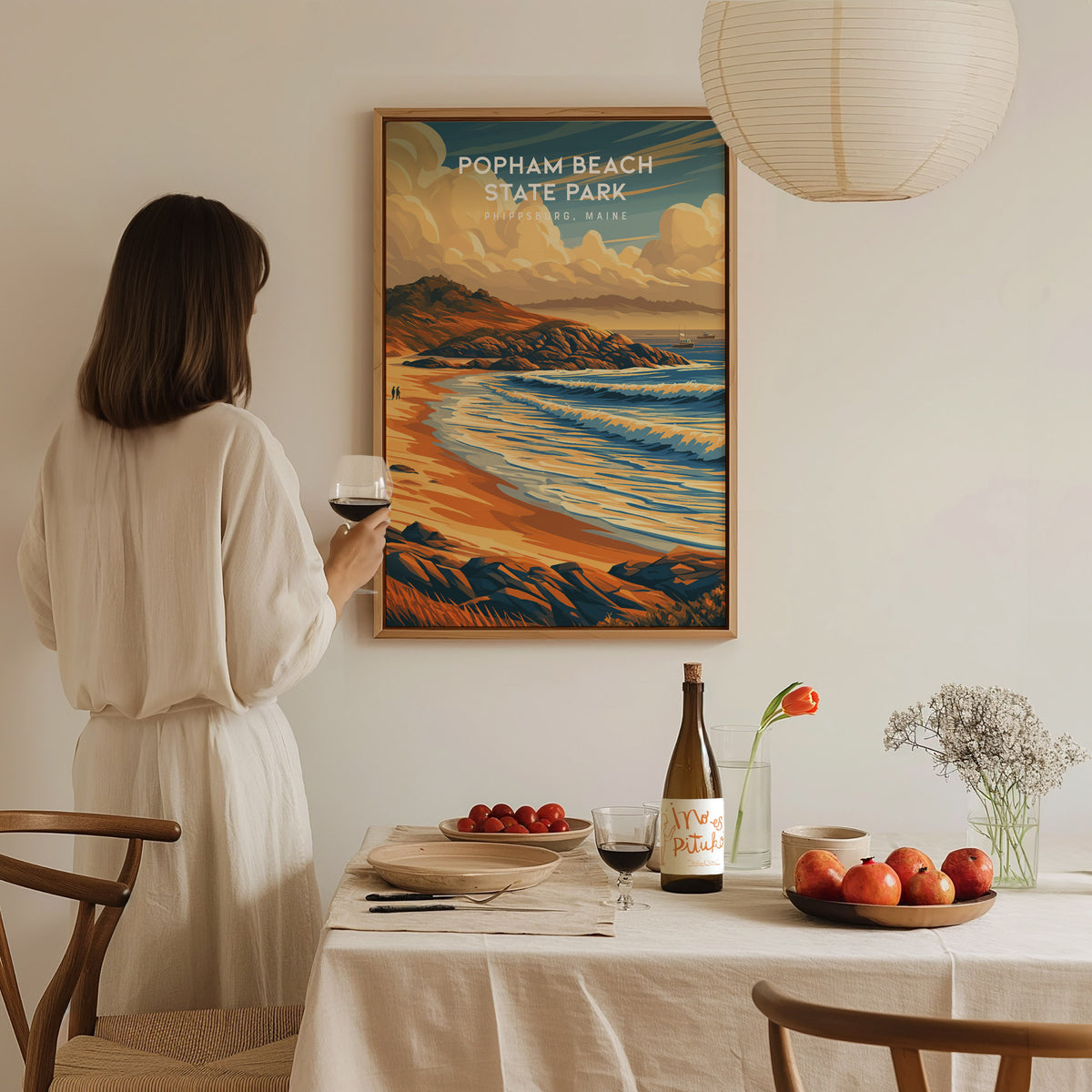Popham Beach State Park, Phippsburg, Maine Poster | Destination Print Beach House Decor Wall Art — styled in a modern interio