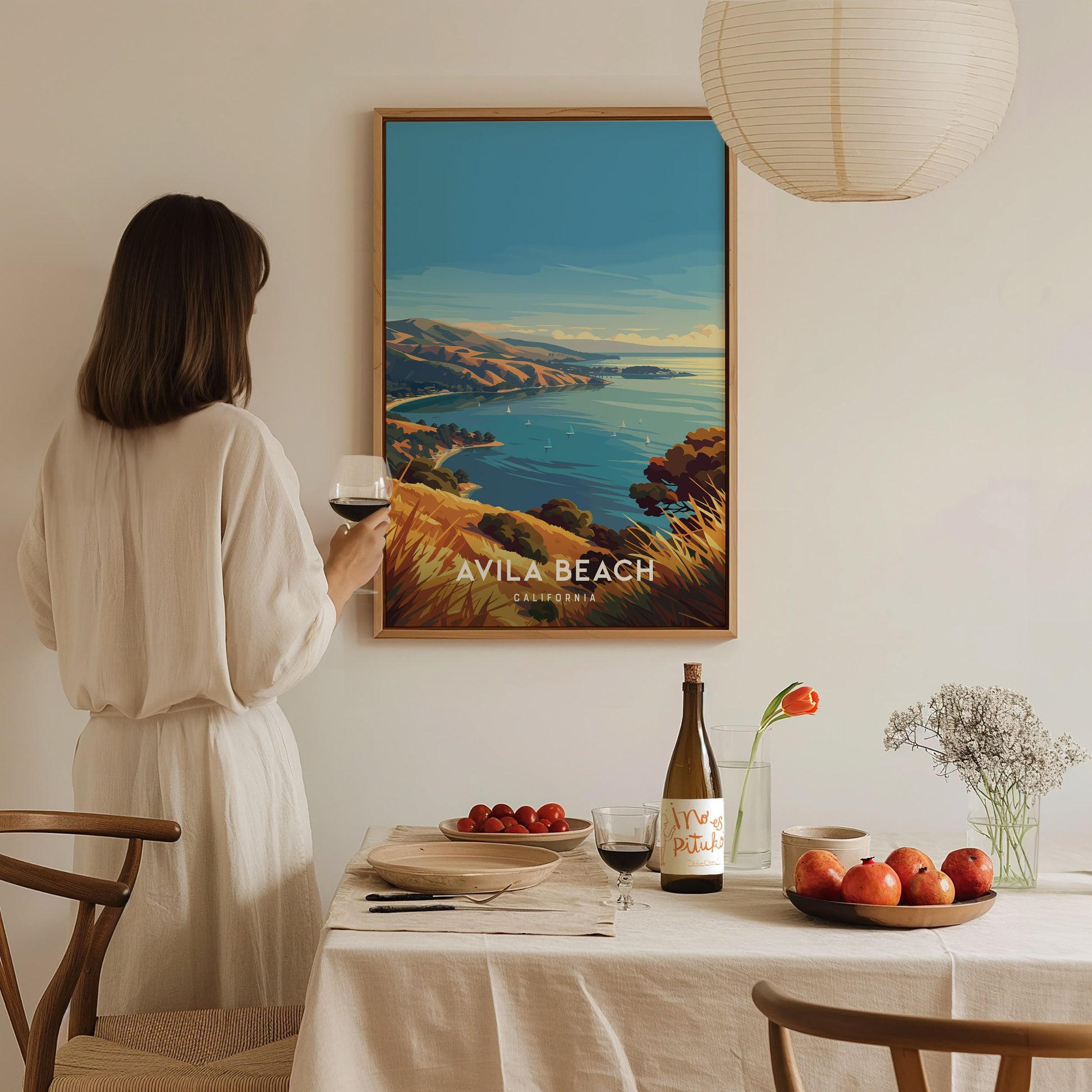 Avila Beach, California Poster | Golden Shore & Pier Coastal Wall Art — styled in a modern interior