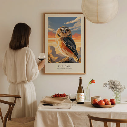 Elf Owl Poster | Desert Night Tiny Owl Wall Art — styled in a modern interior