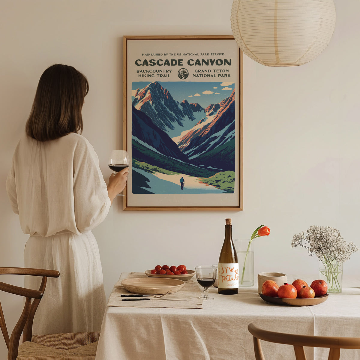 Cascade Canyon, Grand Teton National Park Poster | Hiker Gift | Backcountry Trail Wall Art — styled in a modern interior