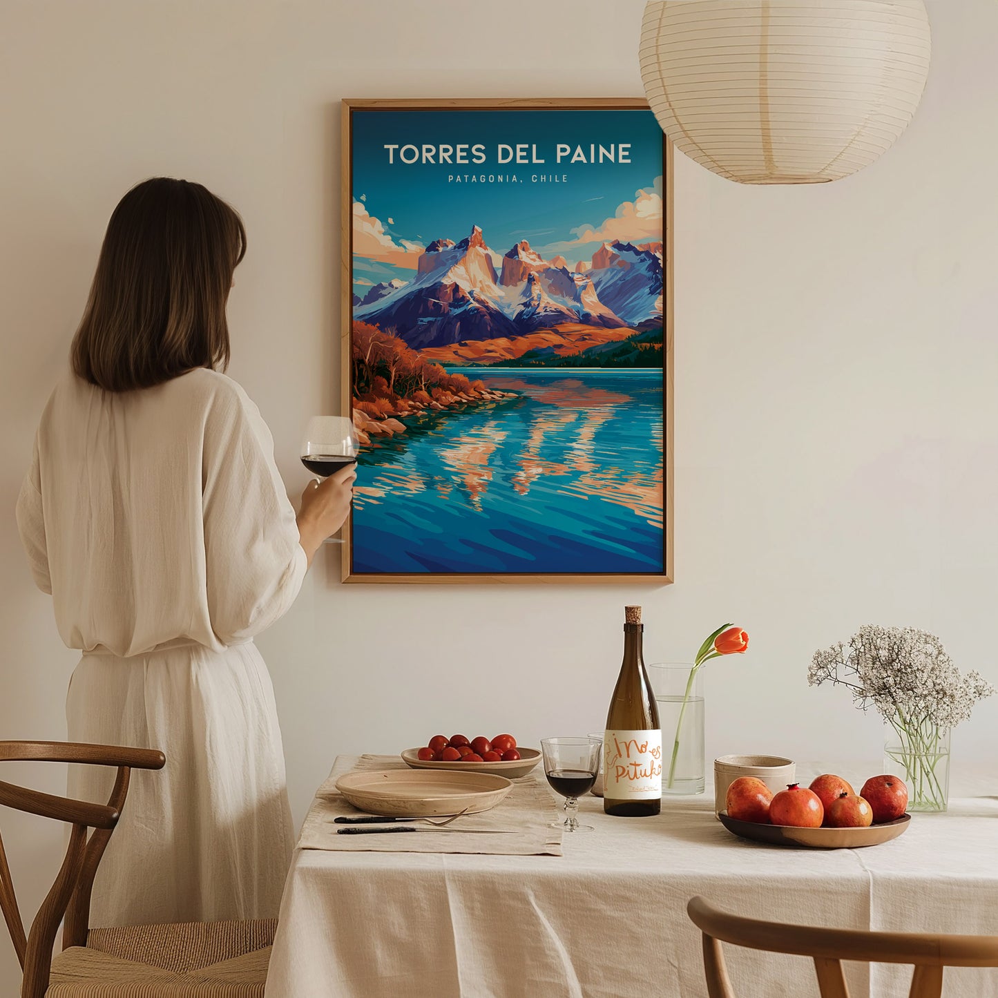 Torres del Paine, Patagonia Poster | Granite Peaks & Glacial Lake Wall Art — styled in a modern interior