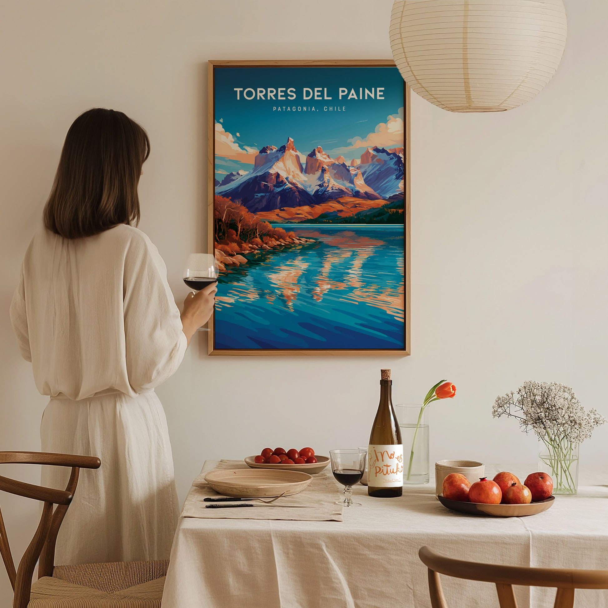 Torres del Paine, Patagonia Poster | Granite Peaks & Glacial Lake Wall Art — styled in a modern interior