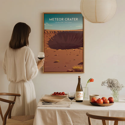 Meteor Crater, Winslow, Arizona Poster | Desert Adventure Travel Wall Art — styled in a modern interior