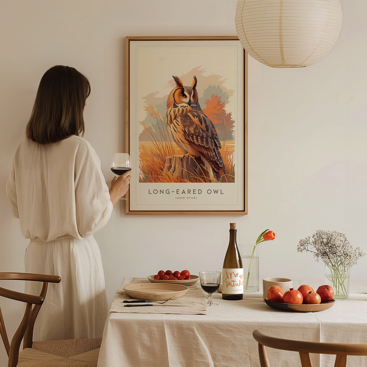 Long-eared Owl, Asio otus Poster | Mysterious Forest Raptor Bird Wall Art — styled in a modern interior