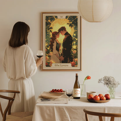 A person in a white outfit stands at a dining table, holding a glass of wine, gazing at a framed poster of the Lovers Tarot Card. The artwork features a couple embracing under an archway of flowers, symbolizing love and connection.