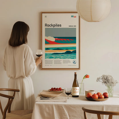 Rockpiles, Hawaii Poster | Golden Hour North Shore Surf Wall Art — styled in a modern interior