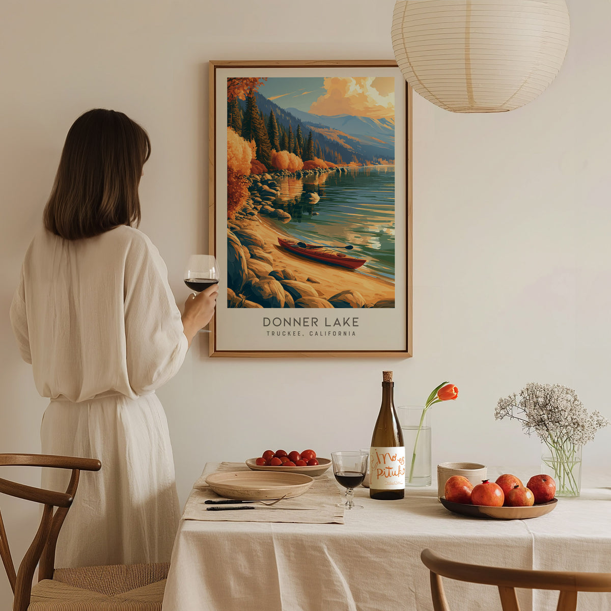 Donner Lake Matte Border Poster | Truckee, California Destination Print — styled in a modern interior