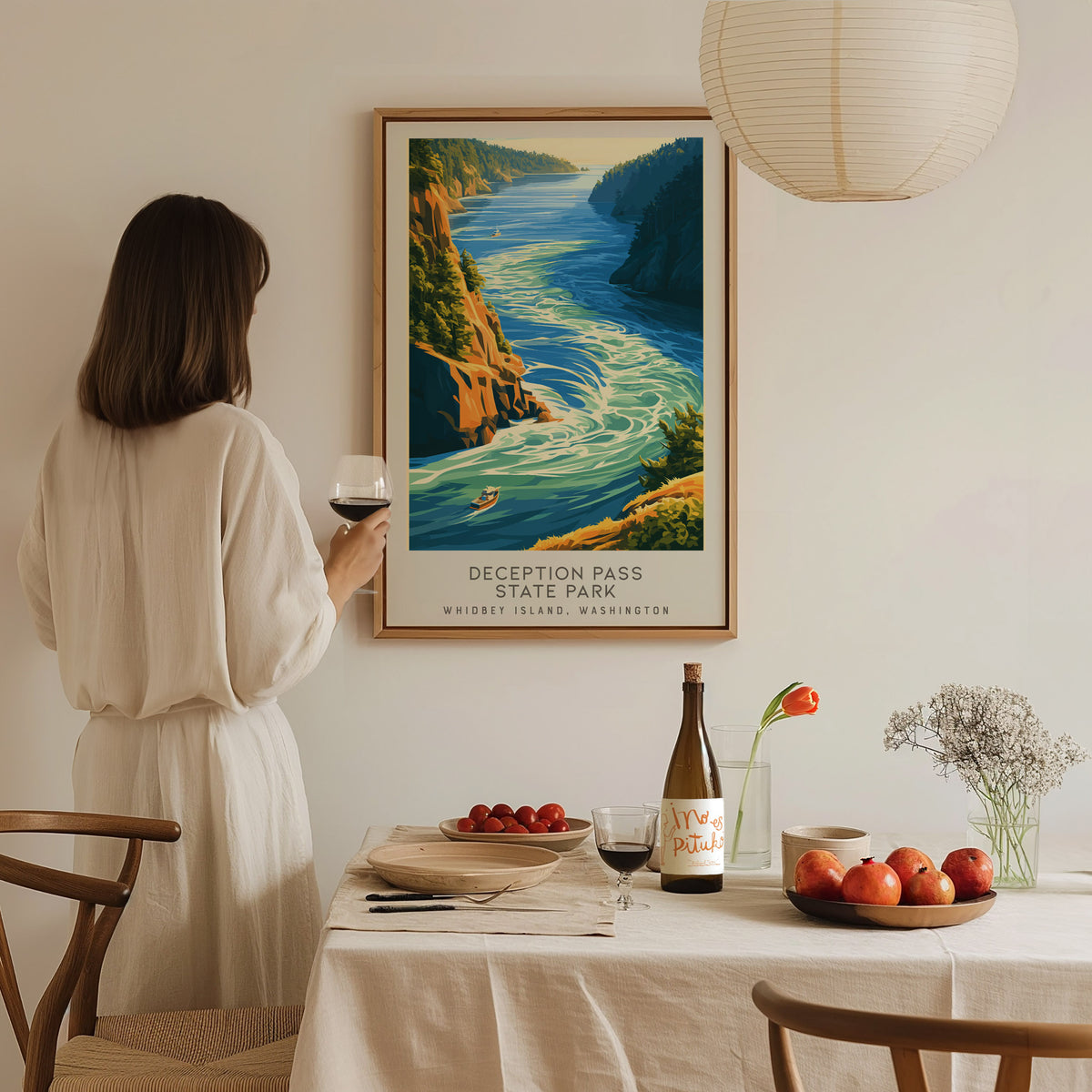 Deception Pass State Park Matte Border Poster | Whidbey Island, Washington Coastal Beach Decor — styled in a modern interior