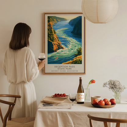 Deception Pass State Park Matte Border Poster | Whidbey Island, Washington Coastal Beach Decor — styled in a modern interior