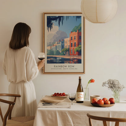 Rainbow Row Matte Border Poster | Charleston South Carolina Travel Wall Art — styled in a modern interior