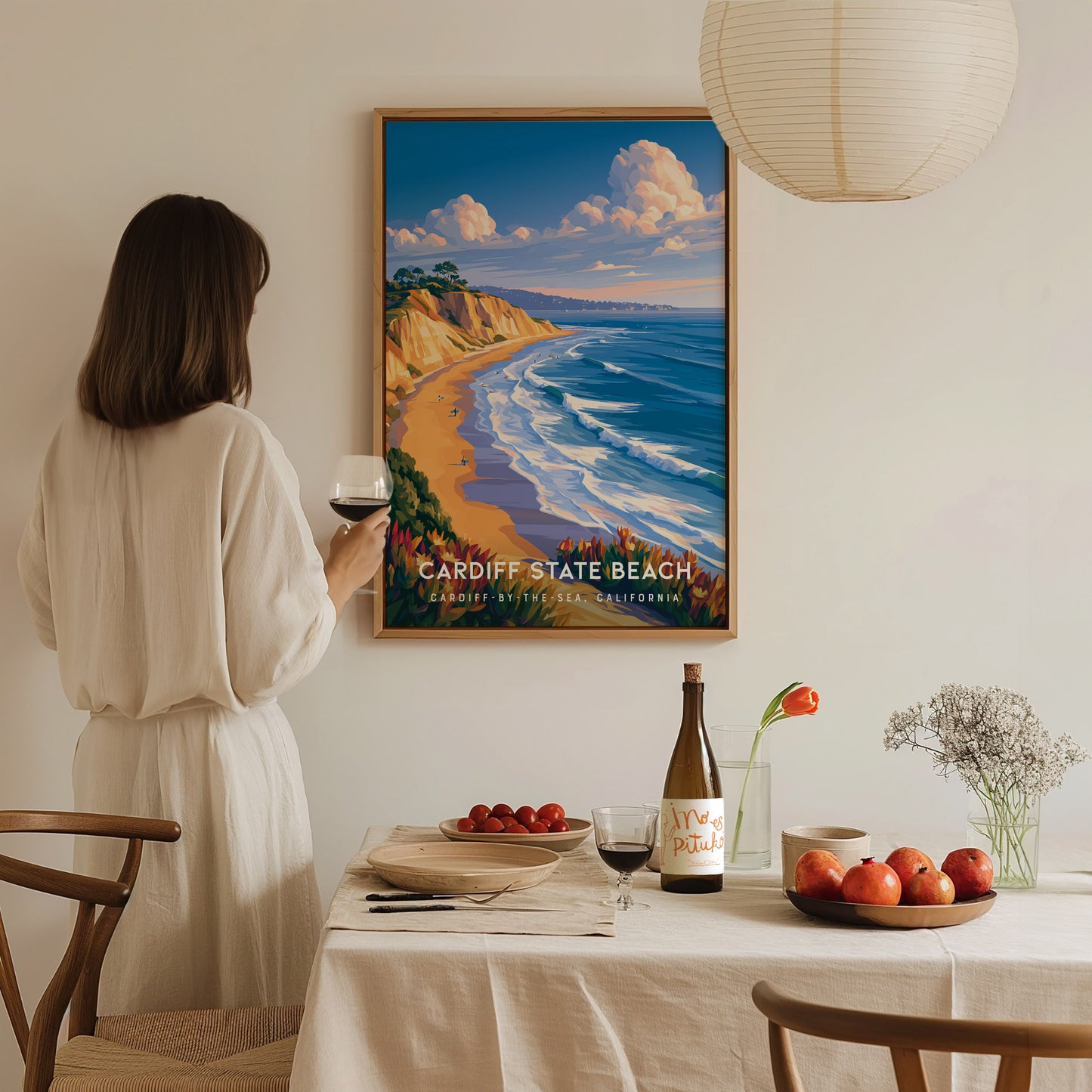 Cardiff State Beach, California Poster | Sun-Kissed Shores & Surf Wall Art — styled in a modern interior