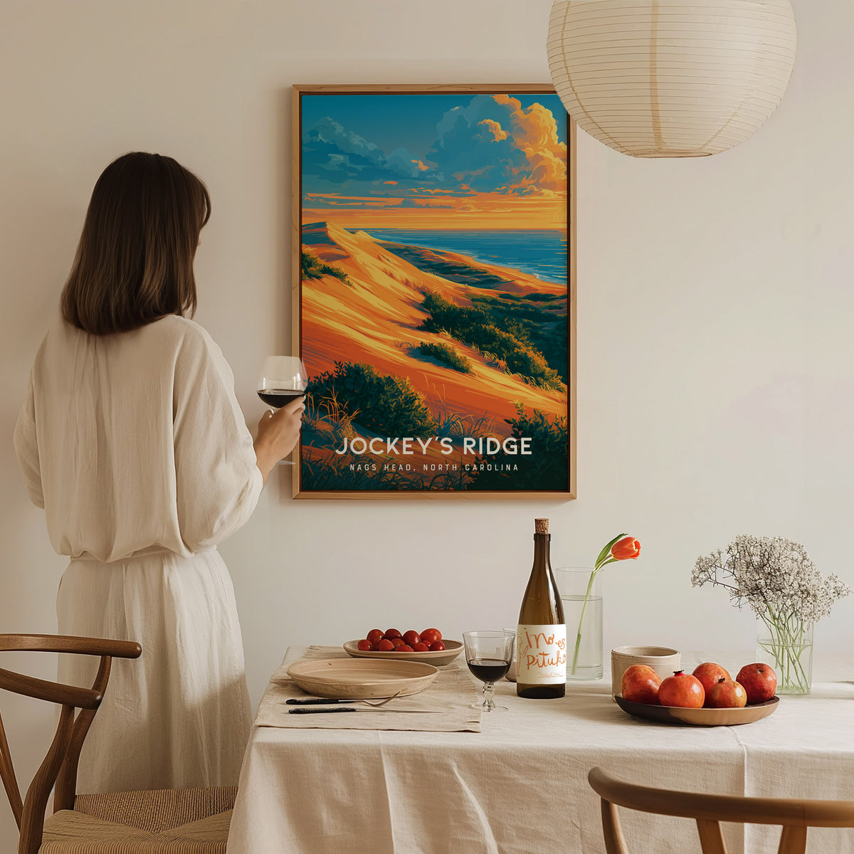 Jockey's Ridge, Nags Head, North Carolina Poster | Sand Dunes & Sunset Travel Wall Art — styled in a modern interior