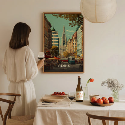 A woman in a white dress holds a glass of wine while standing by a dining table adorned with apples and a bottle. Behind her, a framed poster of Vienna showcases a vibrant street scene with historic architecture and a tram.