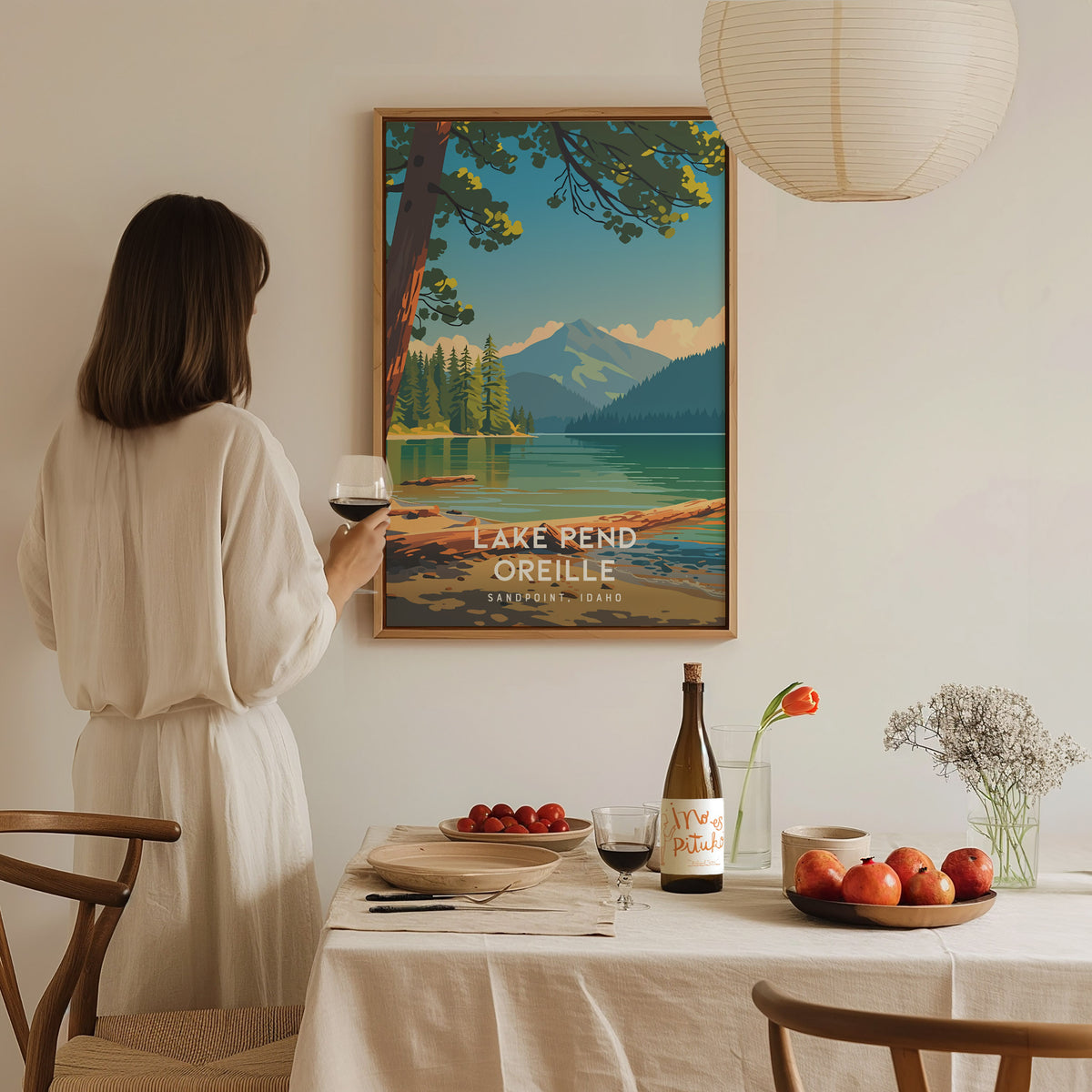 Lake Pend Oreille, Sandpoint, Idaho Poster | Mountain Lake Vacation Wall Art — styled in a modern interior