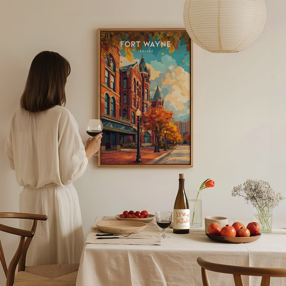 Fort Wayne, Indiana Poster | River City Skyline Destination Print Wall Art — styled in a modern interior