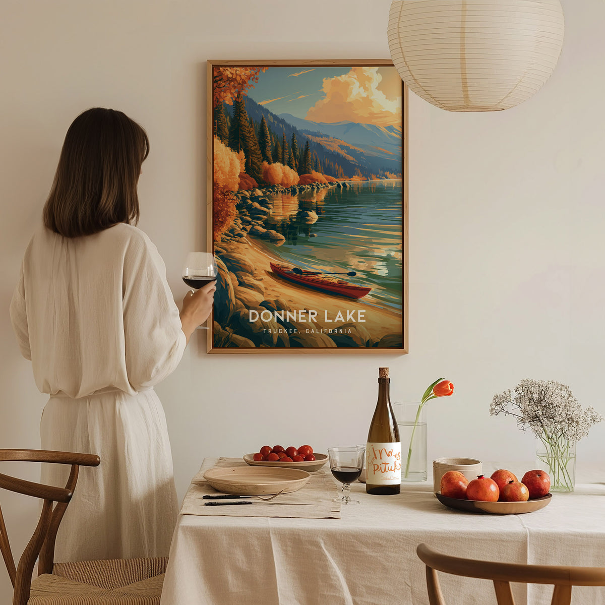Donner Lake, Truckee, California Poster | Mountain Lake Travel Wall Art — styled in a modern interior