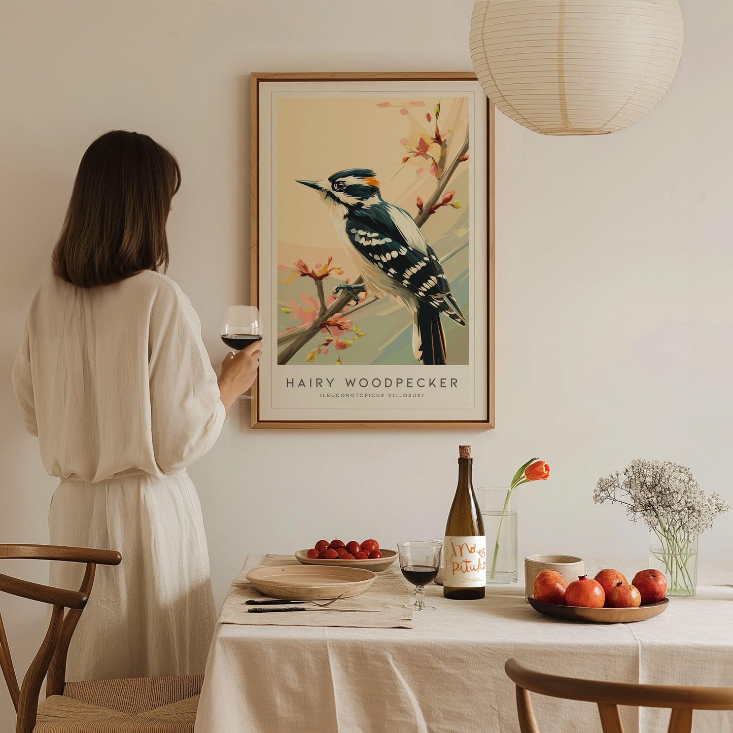Hairy Woodpecker Poster | Bold Forest Bird Illustration Wall Art — styled in a modern interior