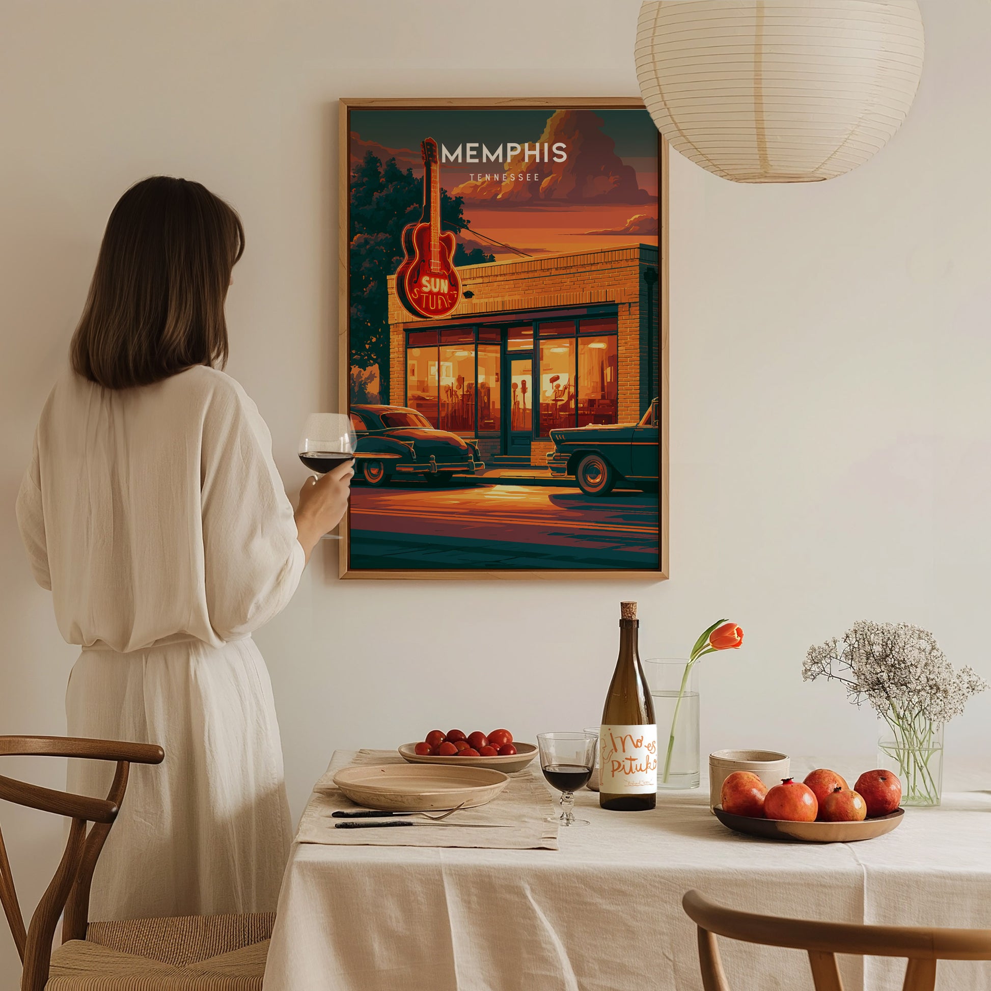 Memphis, Tennessee Poster | Blues & Beale Street Sunset Wall Art — styled in a modern interior