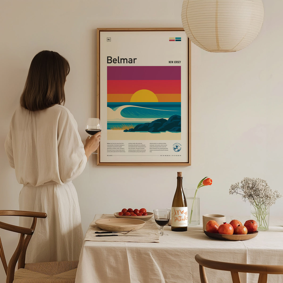 Belmar, New Jersey Poster | Surf & Boardwalk Coastal Wall Art — styled in a modern interior