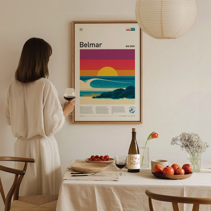 Belmar, New Jersey Poster | Surf & Boardwalk Coastal Wall Art — styled in a modern interior