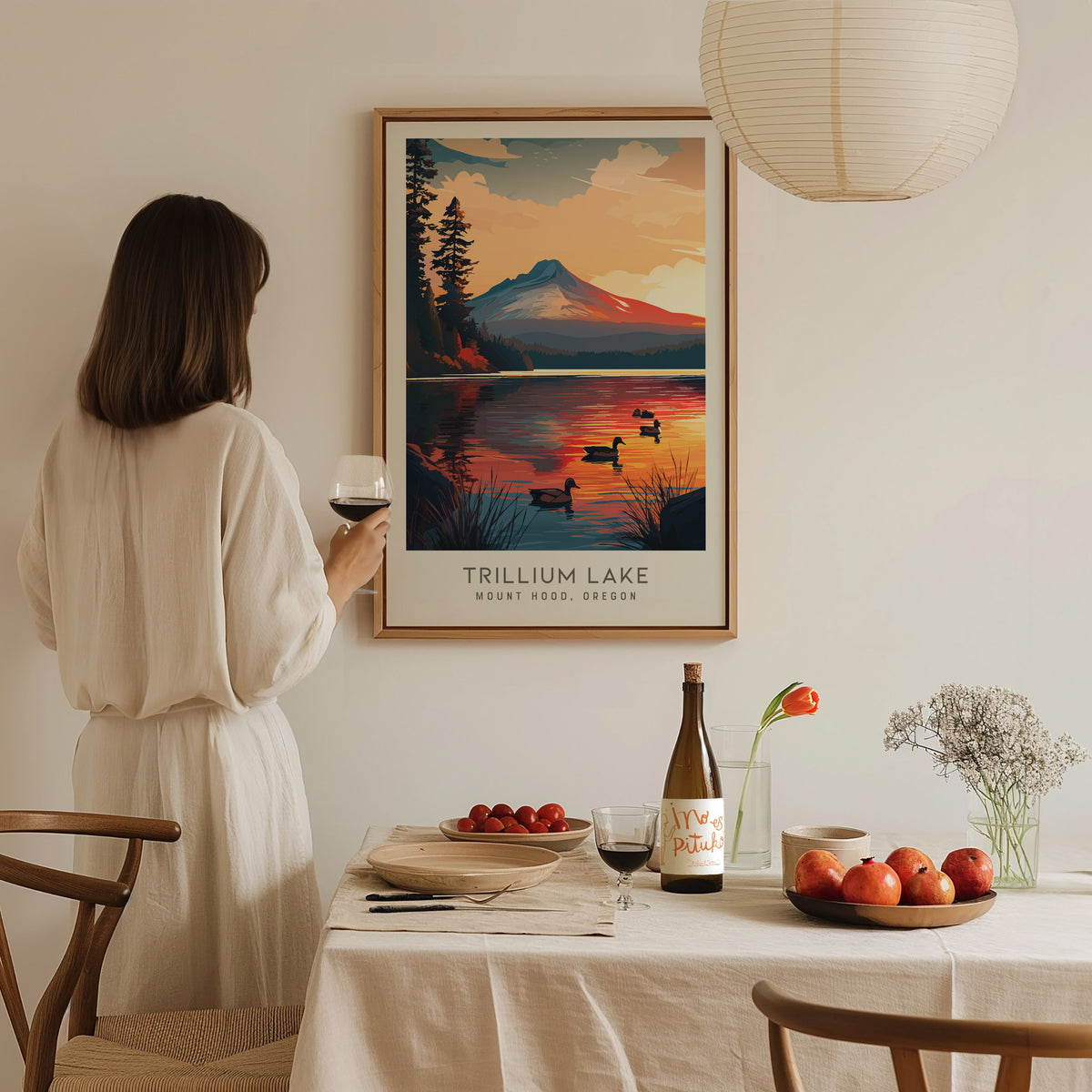 Trillium Lake Matte Border Poster | Mount Hood, Oregon Travel Wall Art — styled in a modern interior