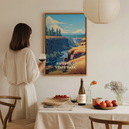 Riverside State Park, Washington Poster | Scenic River Trail Destination Print Wall Art — styled in a modern interior